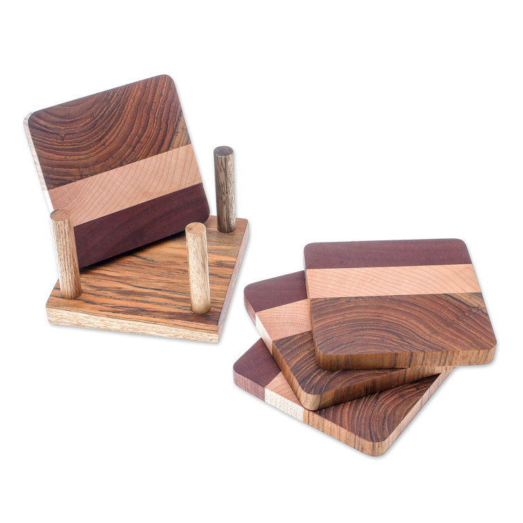 Wood Square 4 Piece Coaster Set With Holder